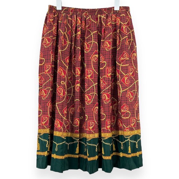 Made in USA Vintage Red Green French Horn Tassel Print Pleated Midi Skirt sz 10P
